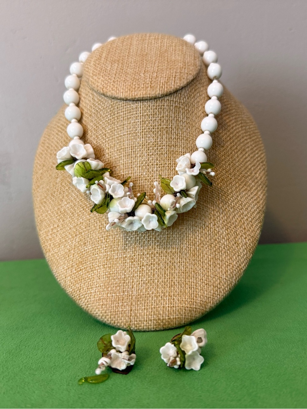Vintage Venetian Glass  White Floral Bead Necklace and Earring Set Rare!!